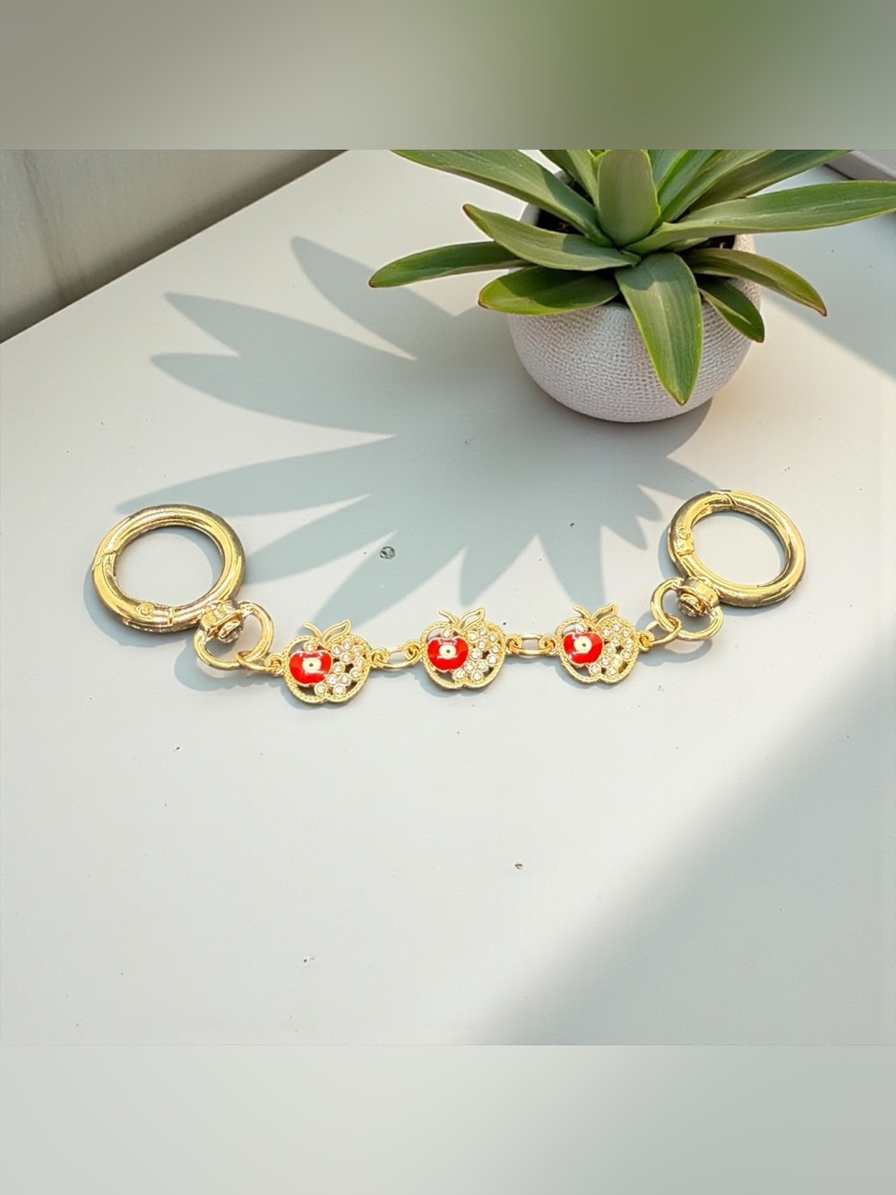 🍎🧿Gold-Tone Bag Charm w/3 Apple Charms Embellished w/Evil Eye Accents/NWOT🍎🧿